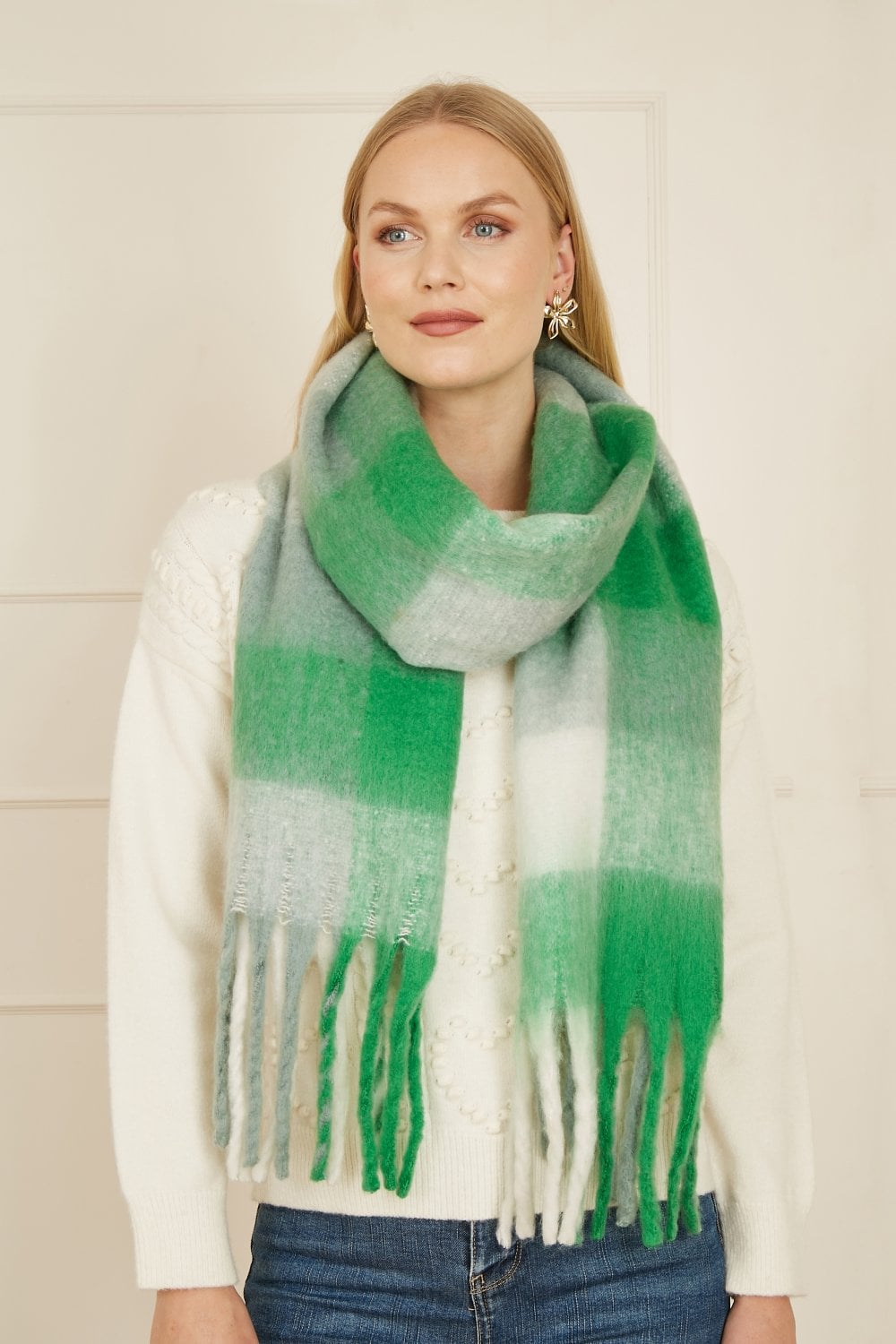 Green Check Fluffy Scarf