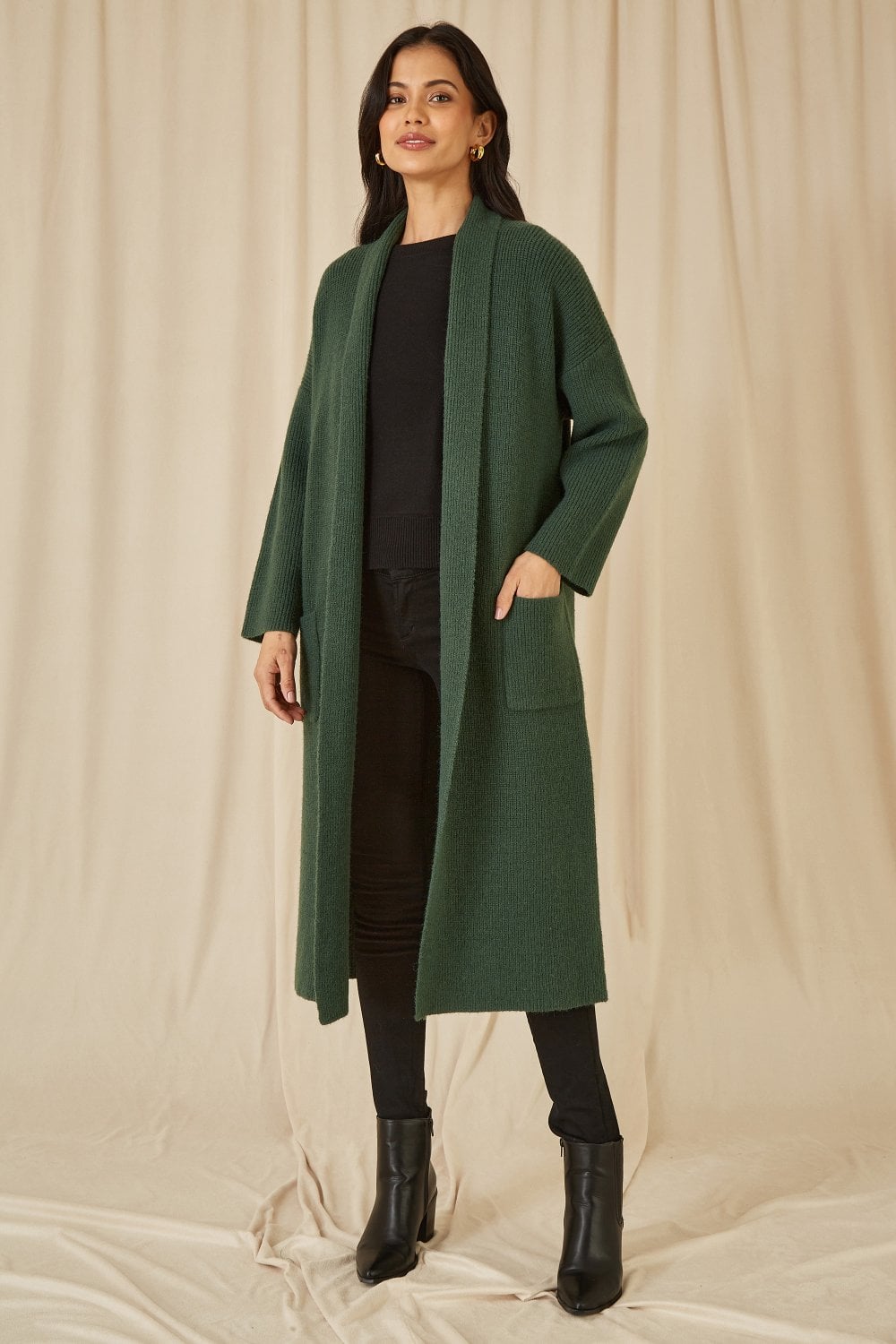 Green Knitted Maxi Cardigan With Pockets