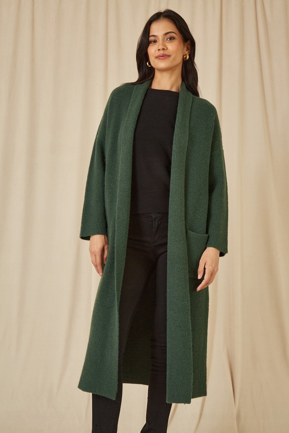 Green Knitted Maxi Cardigan With Pockets