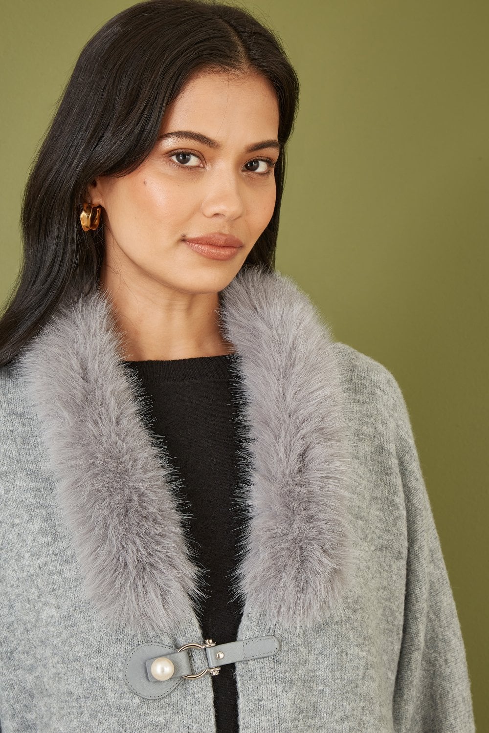 Grey Cardigan with Detachable Fur Collar