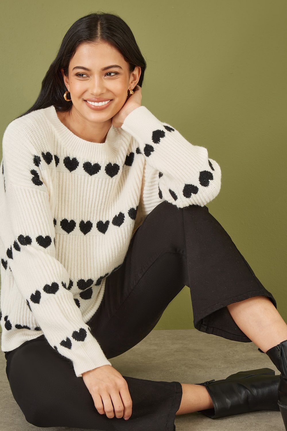Ivory Knitted Jumper with Heart Stripes