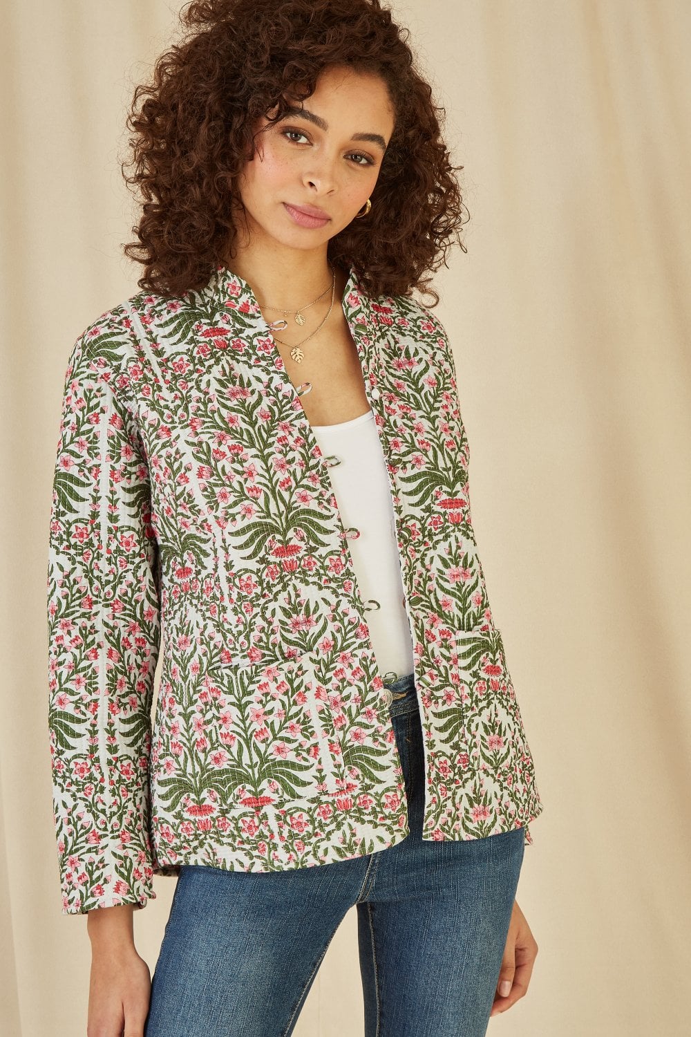 Pink Floral Print Reversible Cotton Quilted Jacket