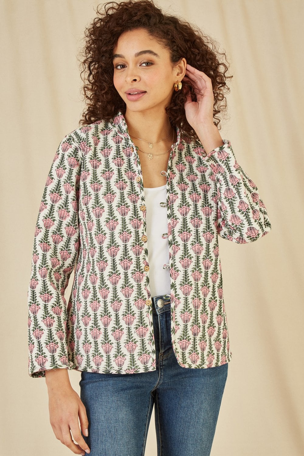 Pink Floral Print Reversible Cotton Quilted Jacket