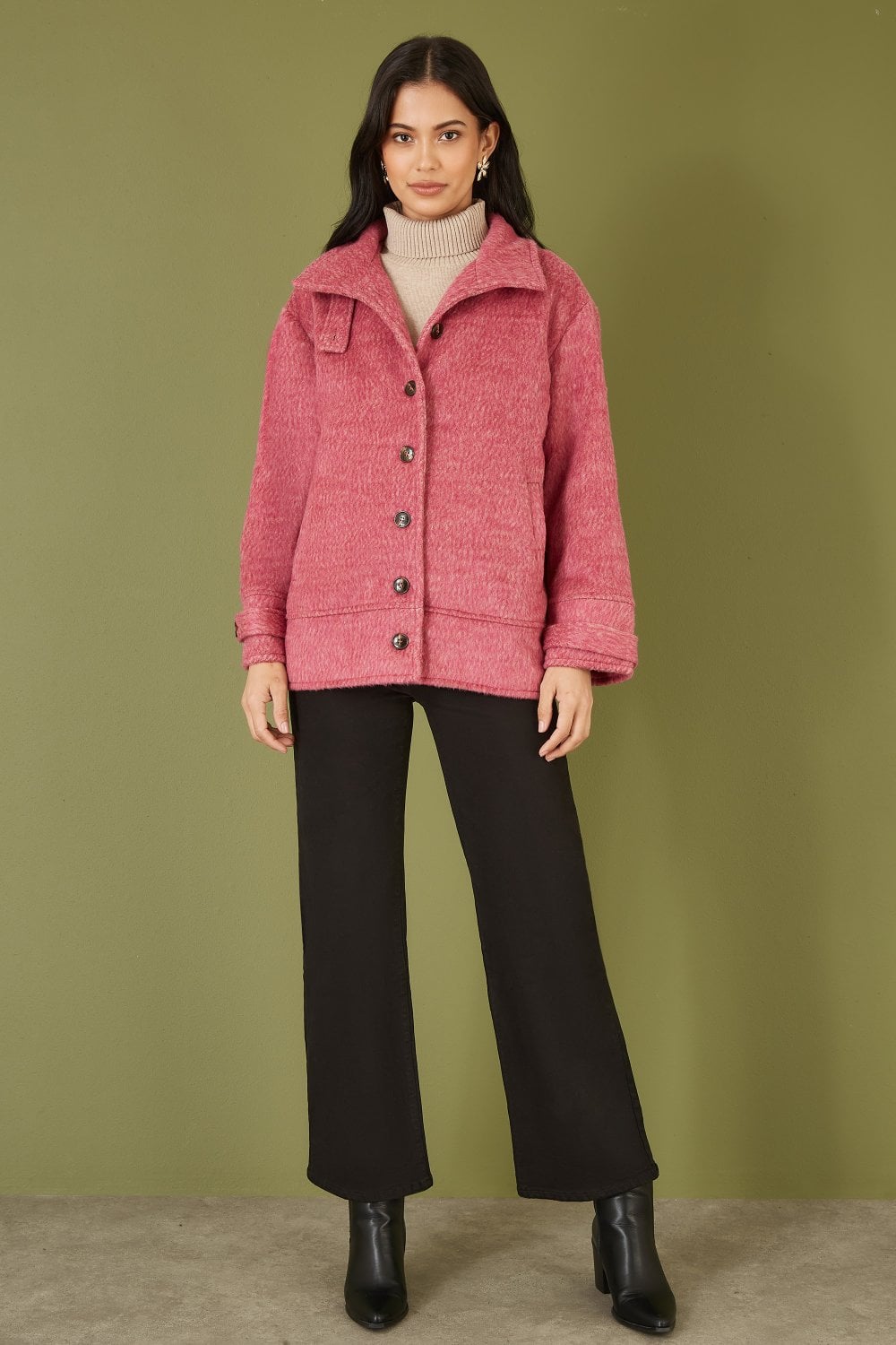 Pink Oversize Button Up Jacket With High Collar