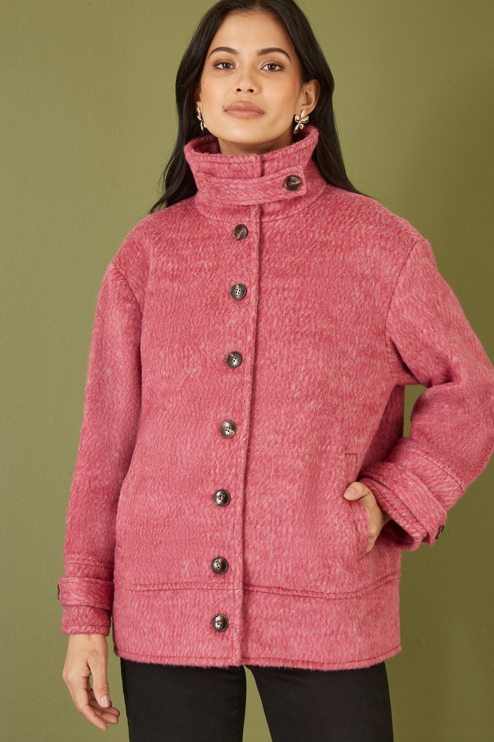Pink Oversize Button Up Jacket With High Collar