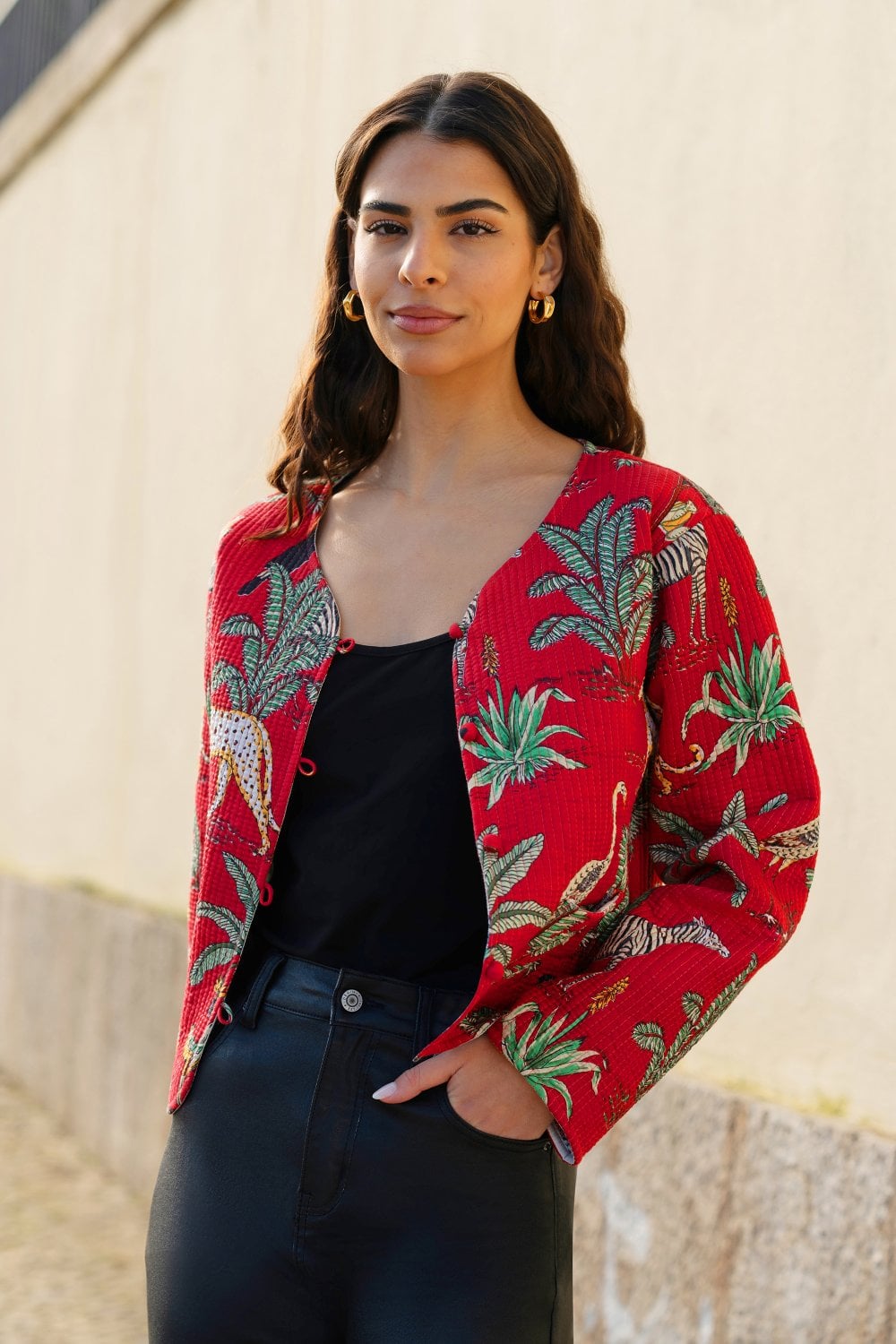 Red Animal Print Reversible Cotton Cropped Quilted Jacket