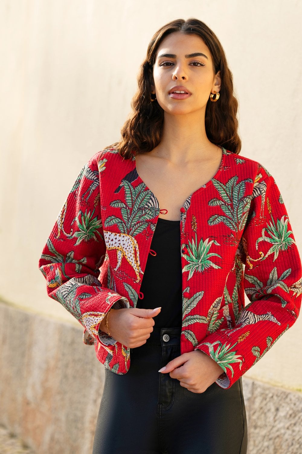 Red Animal Print Reversible Cotton Cropped Quilted Jacket