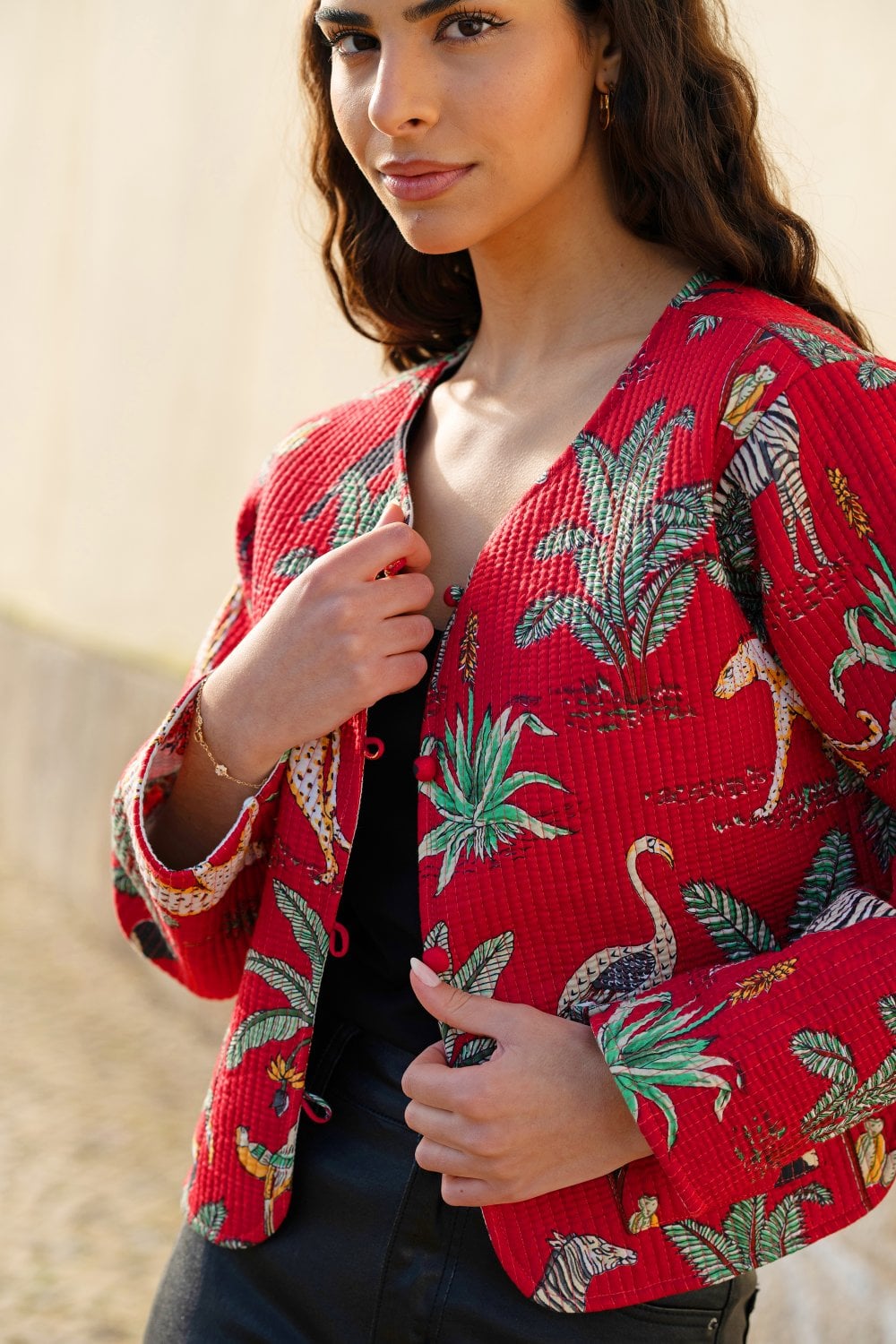 Red Animal Print Reversible Cotton Cropped Quilted Jacket
