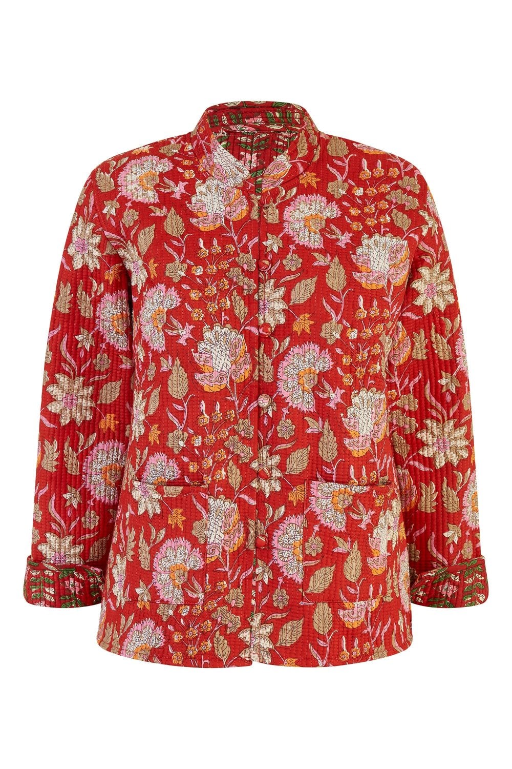 Red Floral Print Reversible Cotton Quilted Jacket