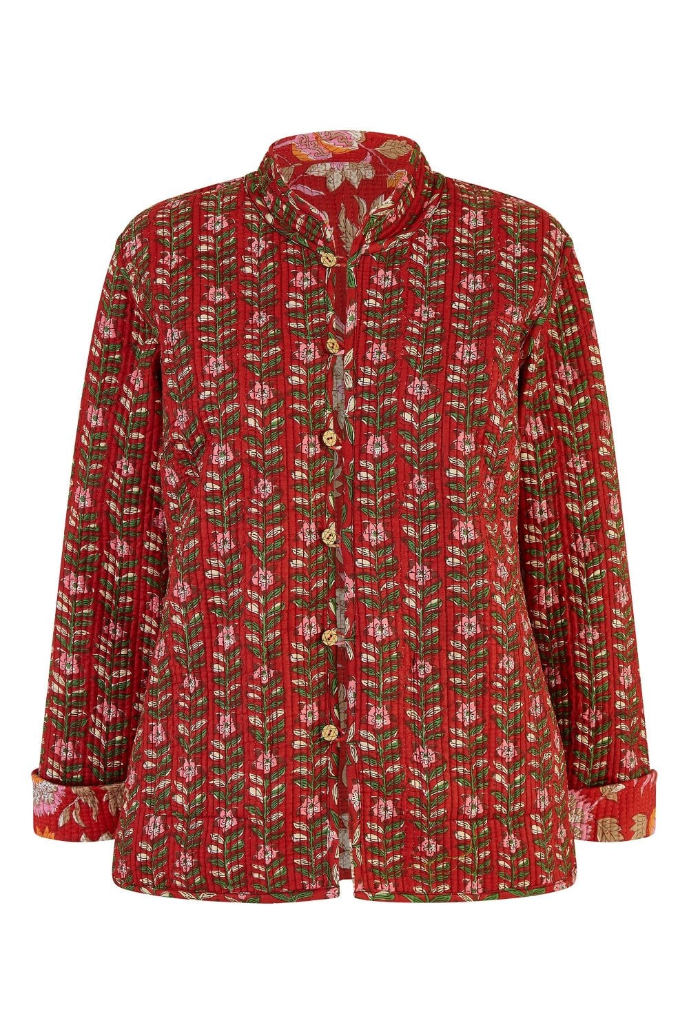Red Floral Print Reversible Cotton Quilted Jacket