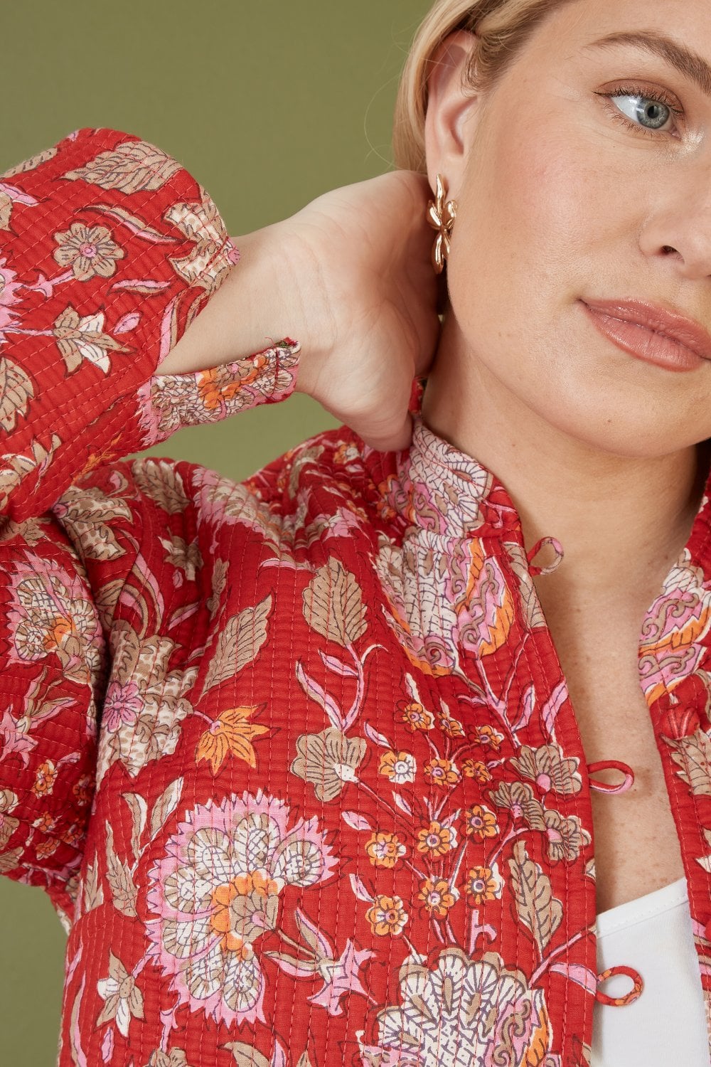 Red Floral Print Reversible Cotton Quilted Jacket