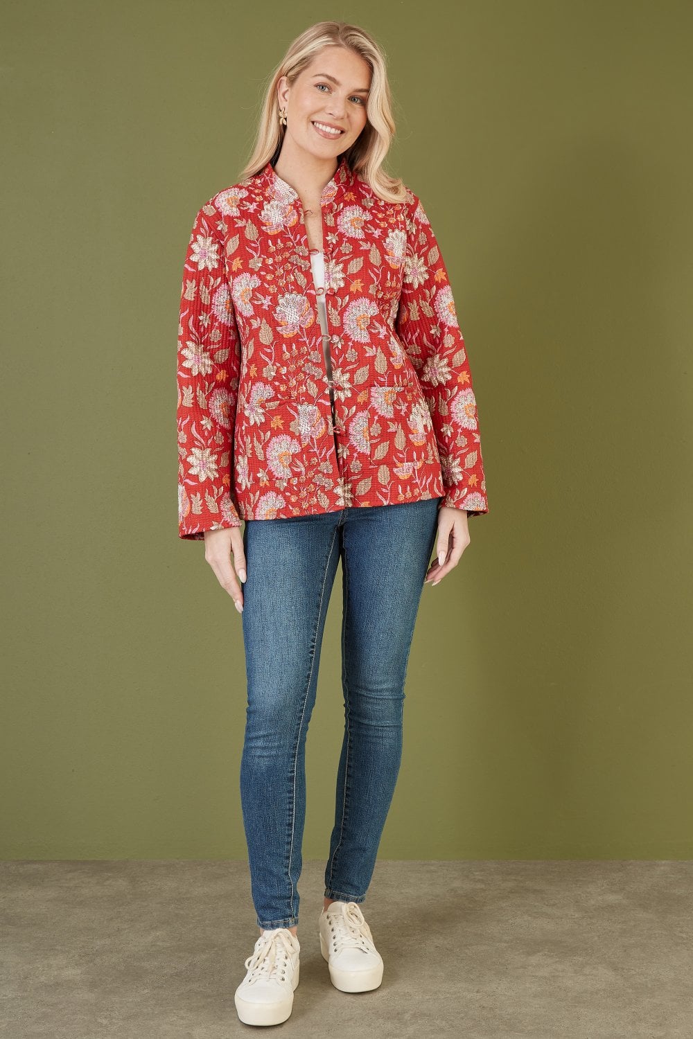 Red Floral Print Reversible Cotton Quilted Jacket