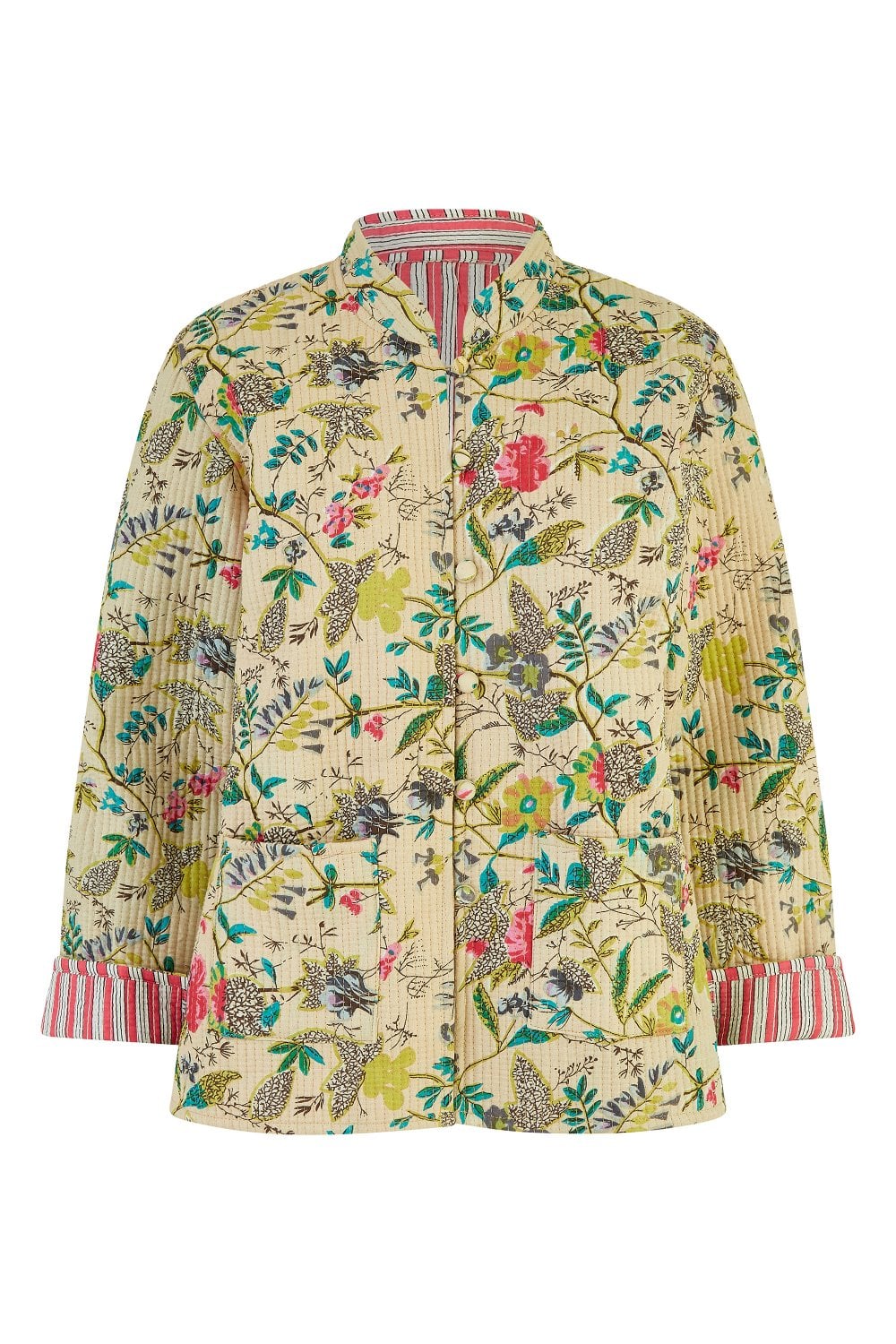 Stone Floral Print Reversible Cotton Quilted Jacket