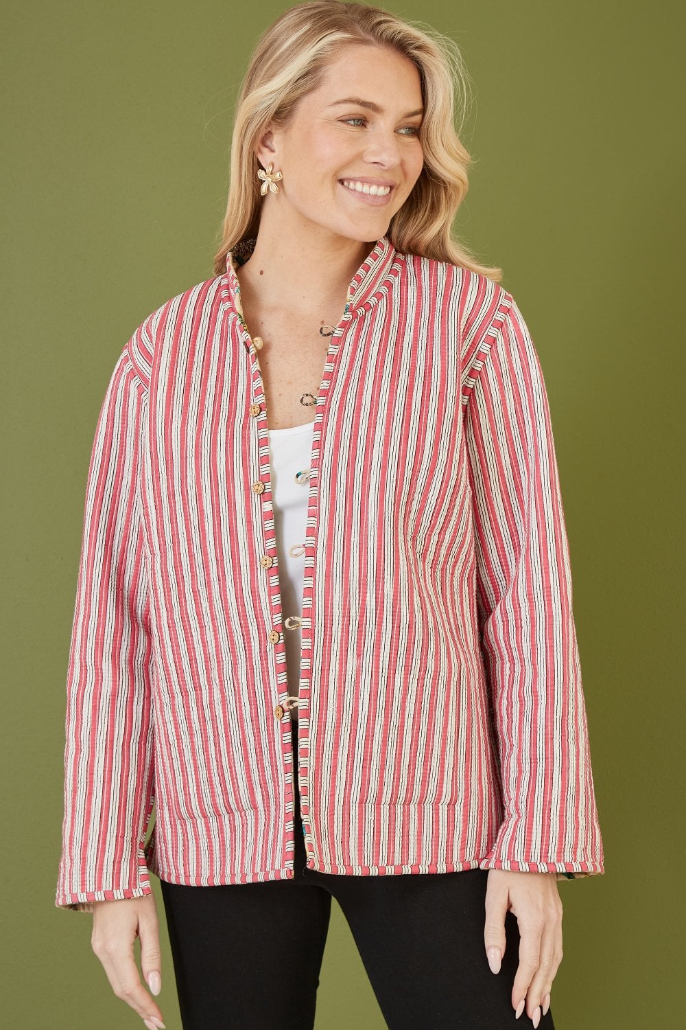 Stone Floral Print Reversible Cotton Quilted Jacket