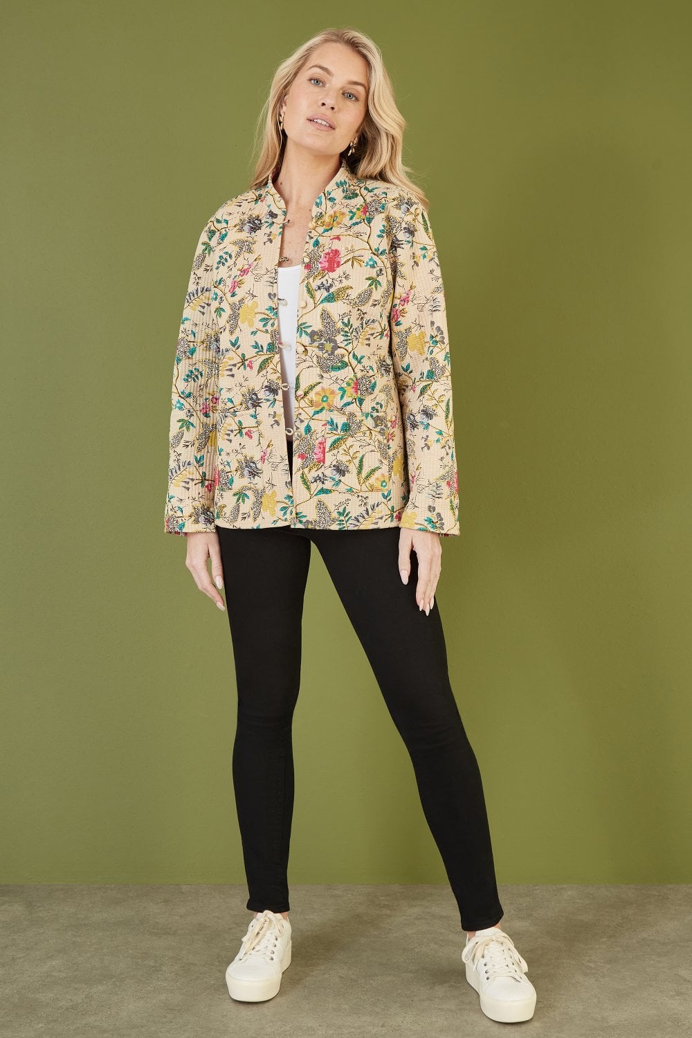 Stone Floral Print Reversible Cotton Quilted Jacket