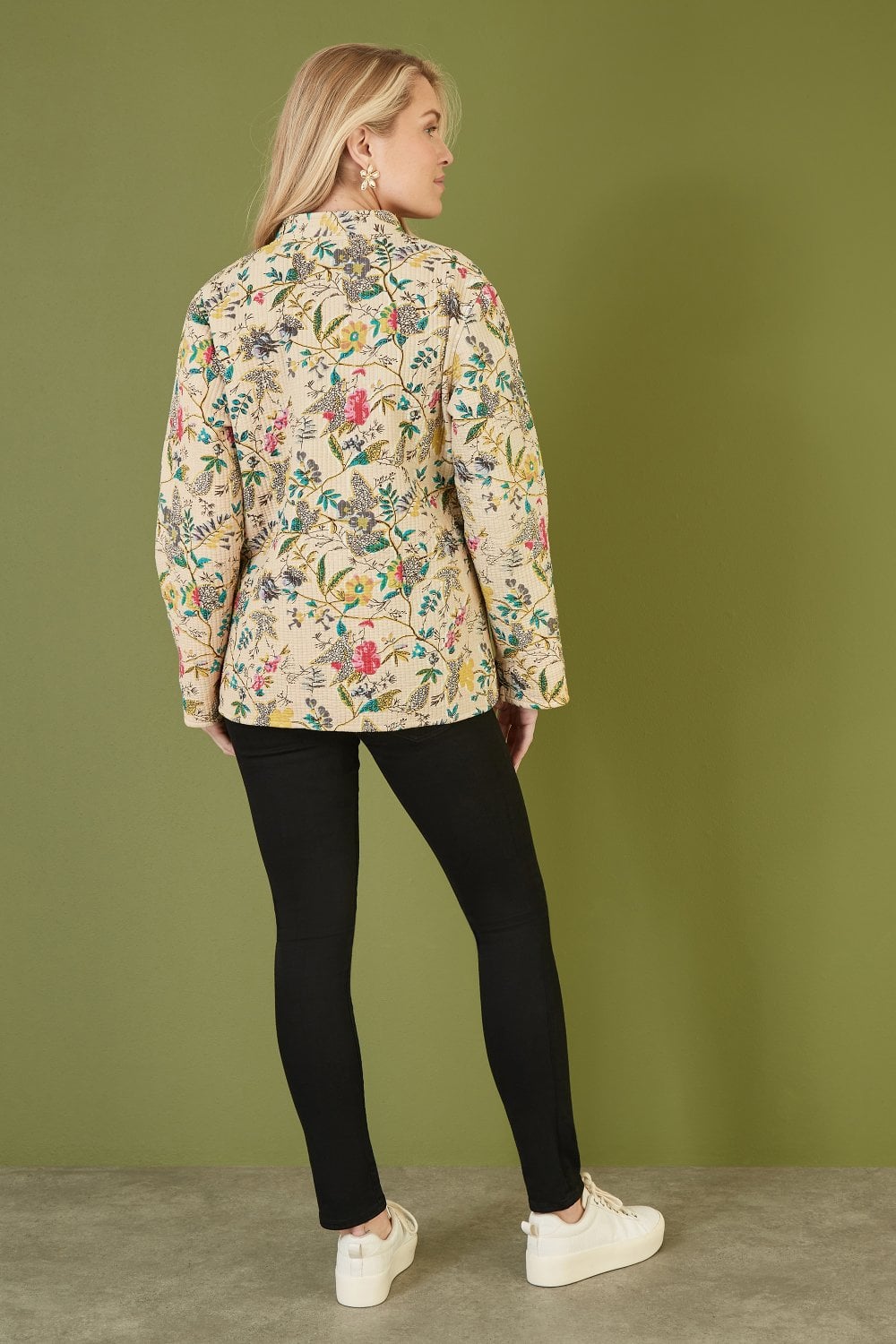 Stone Floral Print Reversible Cotton Quilted Jacket