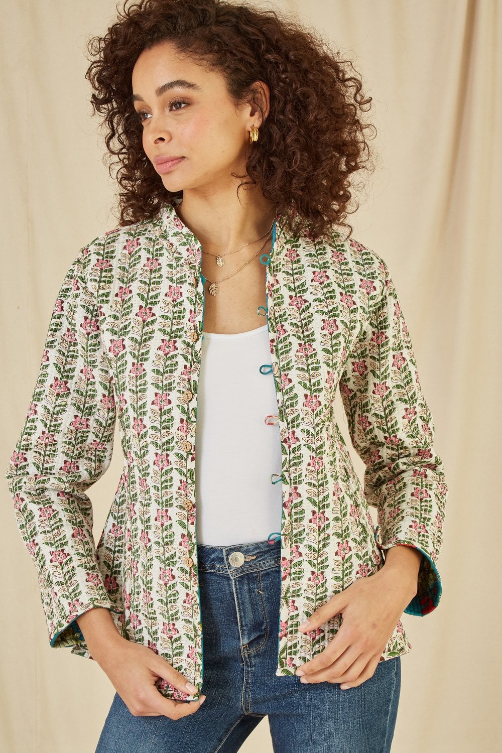 Teal Floral Print Reversible Cotton Quilted Jacket