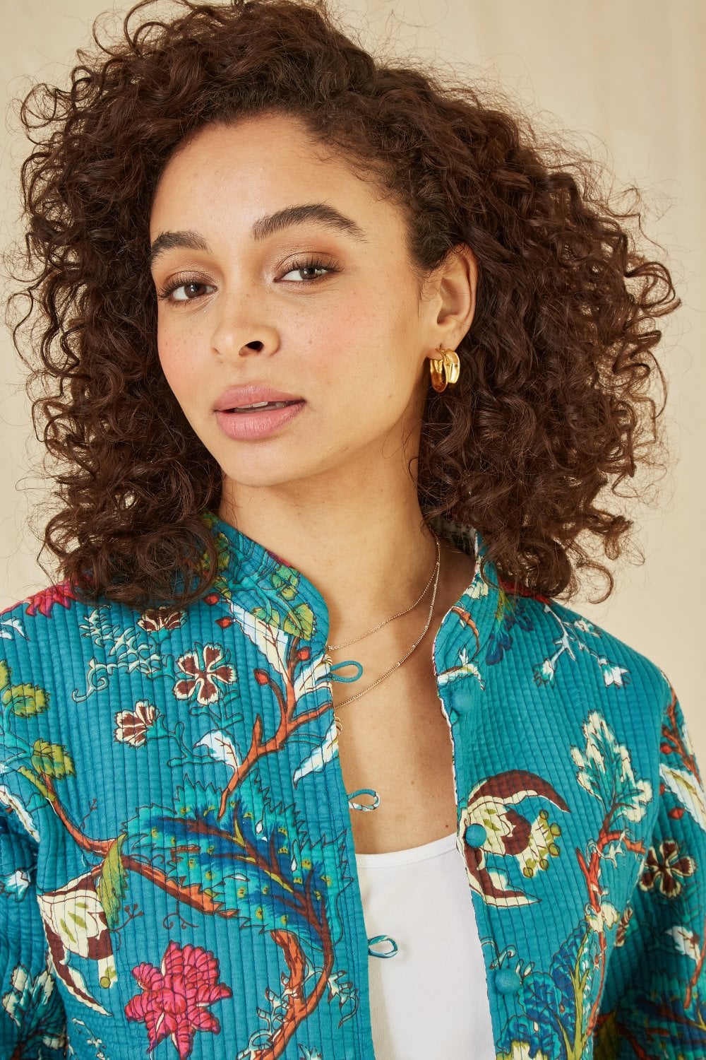 Teal Floral Print Reversible Cotton Quilted Jacket