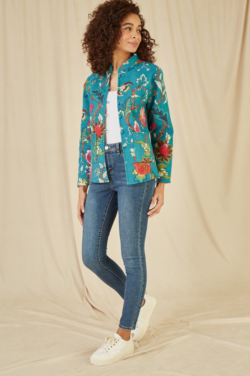 Teal Floral Print Reversible Cotton Quilted Jacket