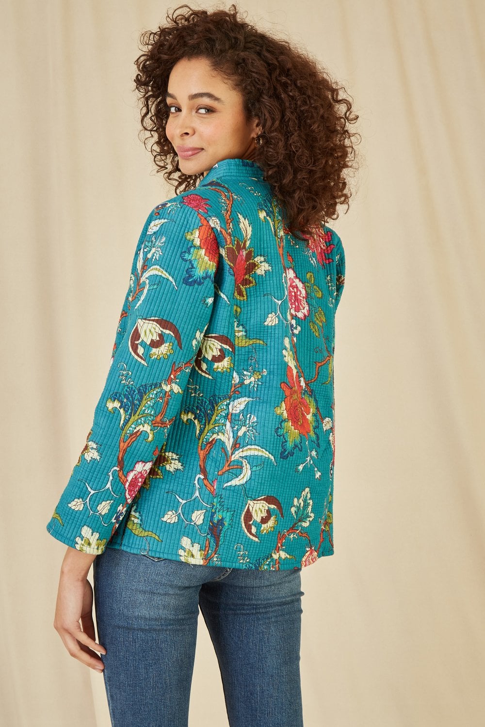 Teal Floral Print Reversible Cotton Quilted Jacket