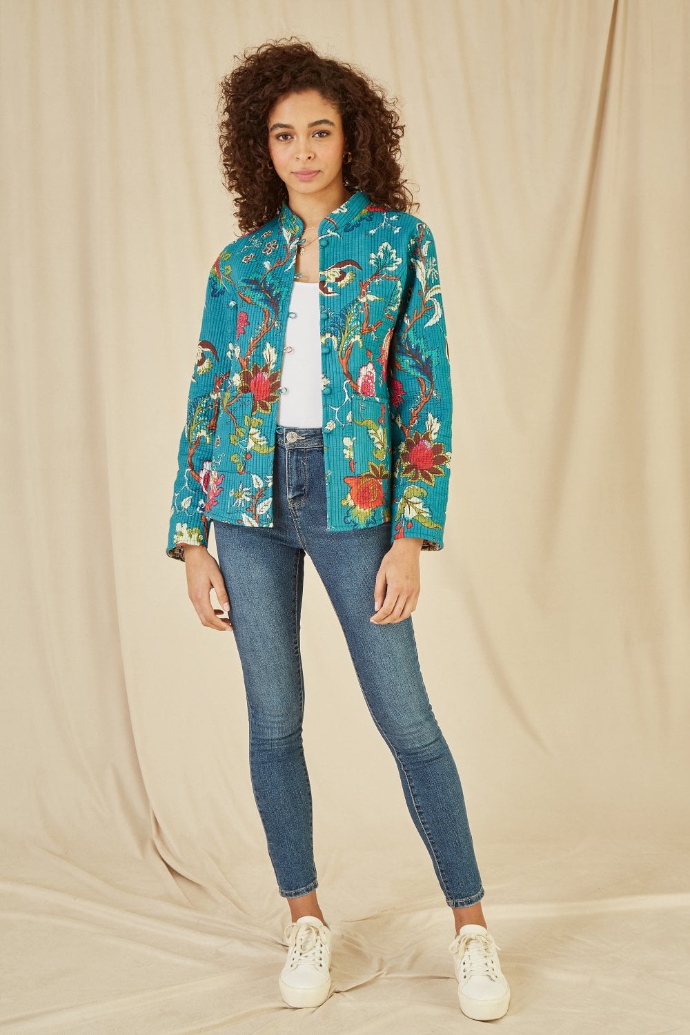 Teal Floral Print Reversible Cotton Quilted Jacket