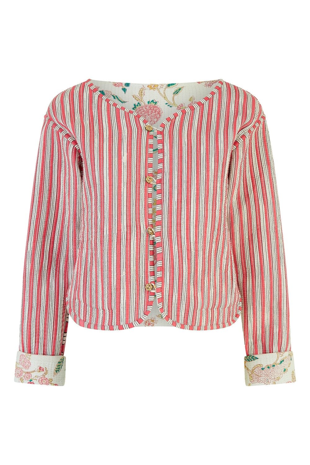 White Floral Reversible Cotton Cropped Quilted Jacket