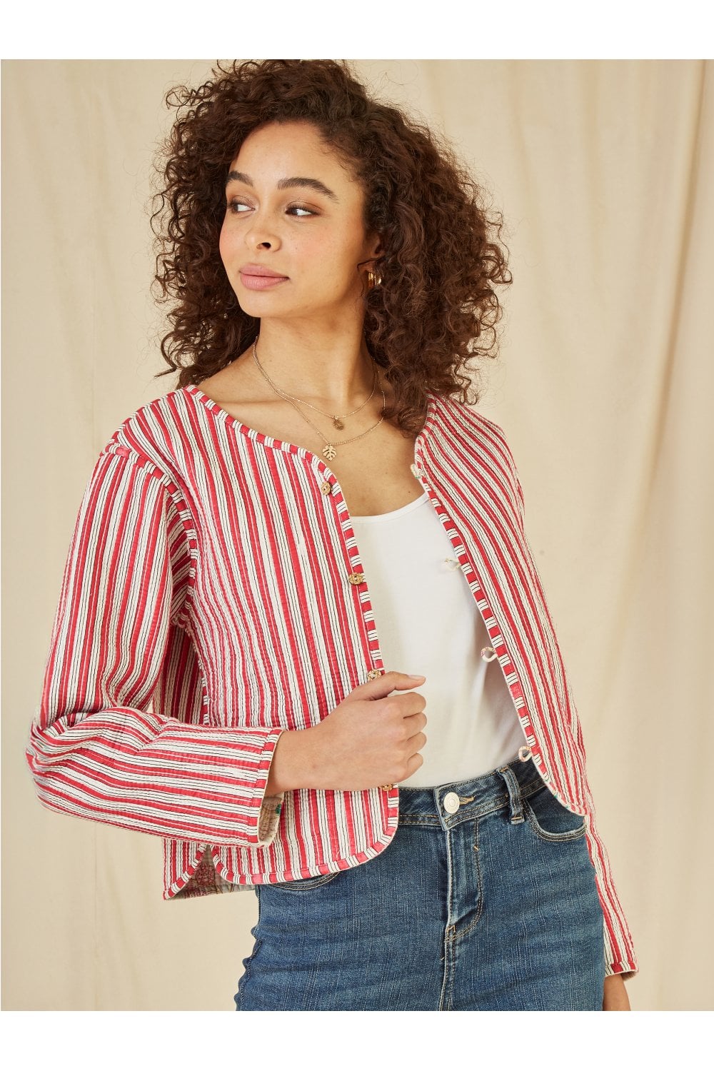 White Floral Reversible Cotton Cropped Quilted Jacket