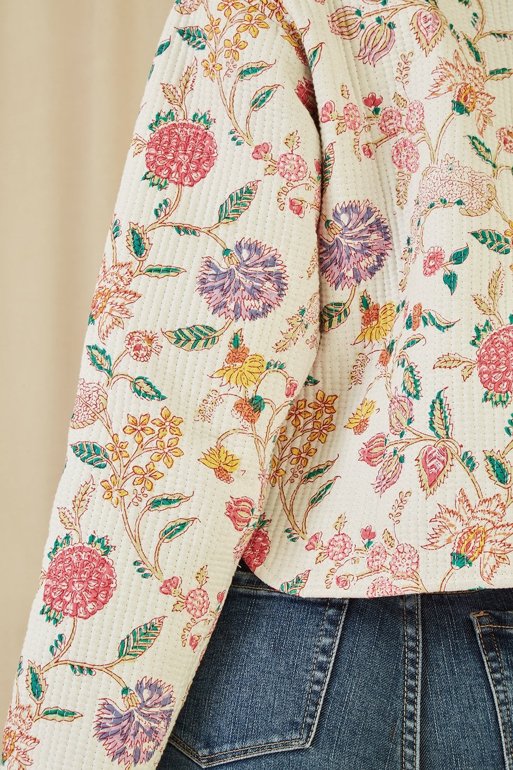 White Floral Reversible Cotton Cropped Quilted Jacket