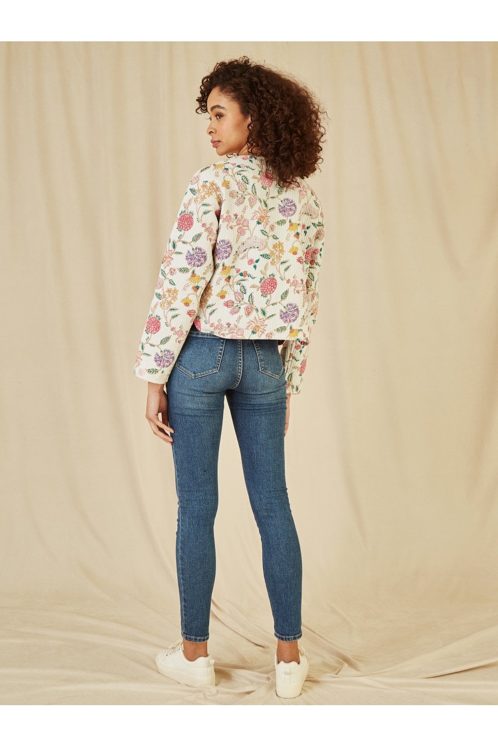 White Floral Reversible Cotton Cropped Quilted Jacket