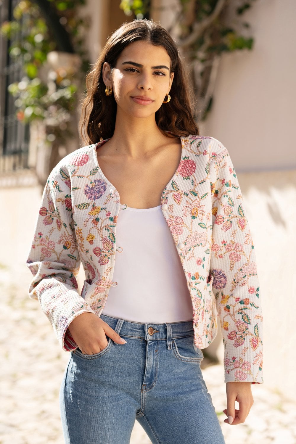White Floral Reversible Cotton Cropped Quilted Jacket