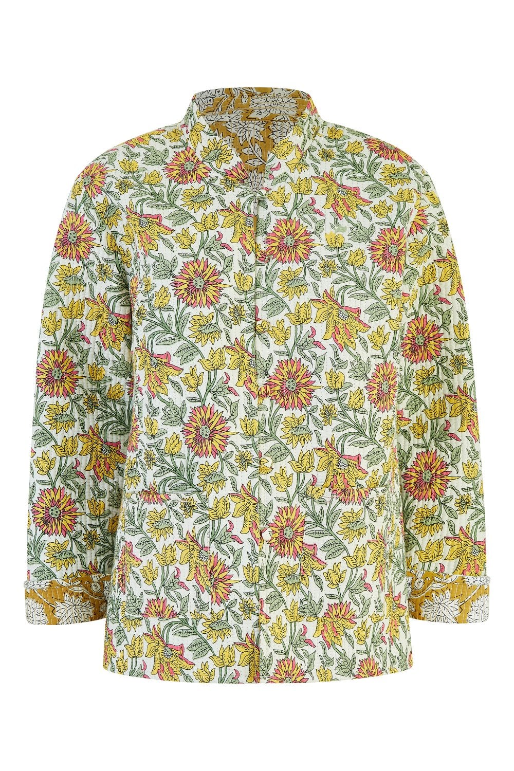 Yellow Floral Print Reversible Cotton Quilted Jacket