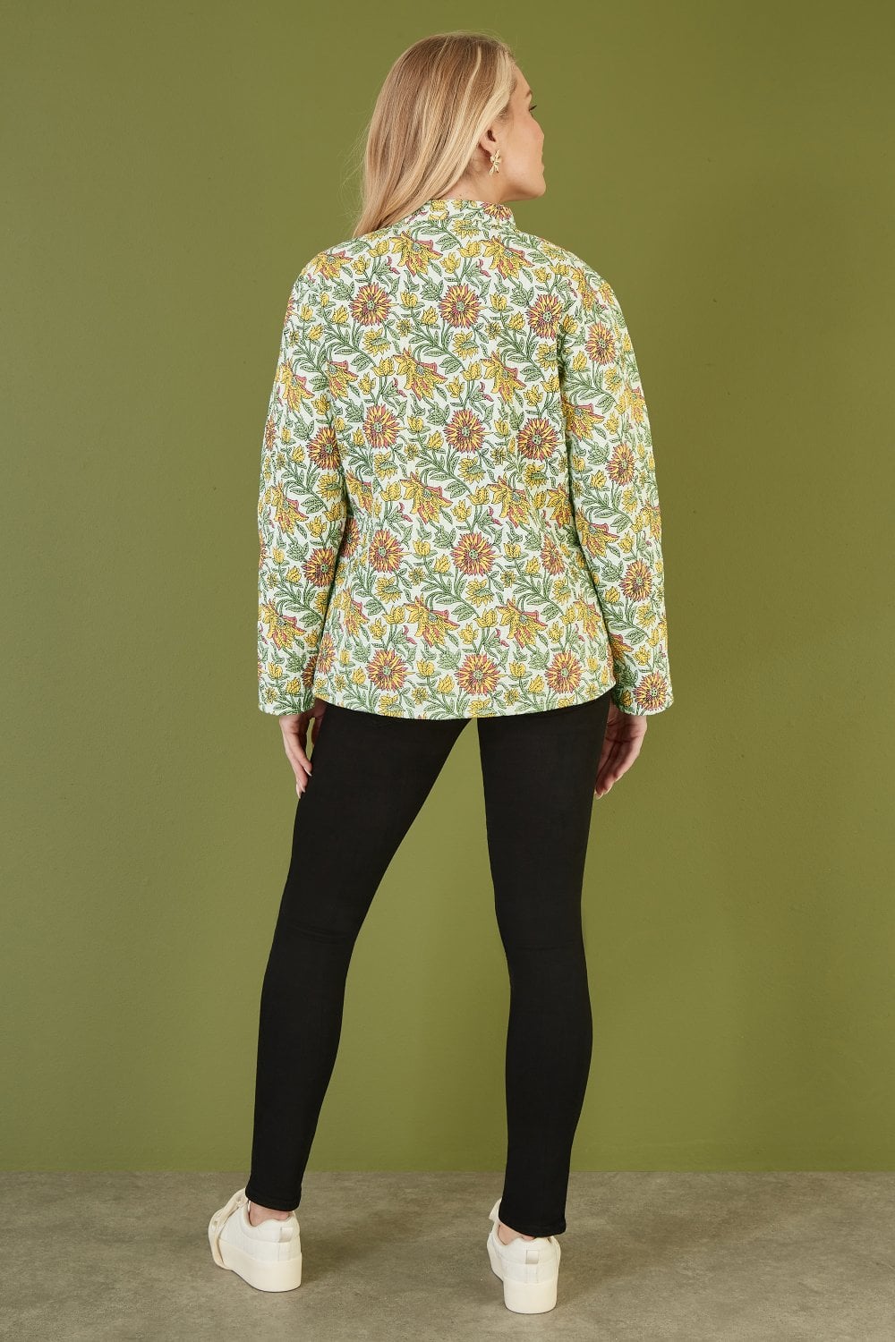 Yellow Floral Print Reversible Cotton Quilted Jacket