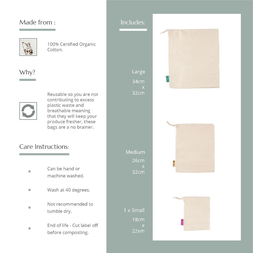 Reusable Organic Cotton Produce Bags Pack of 3