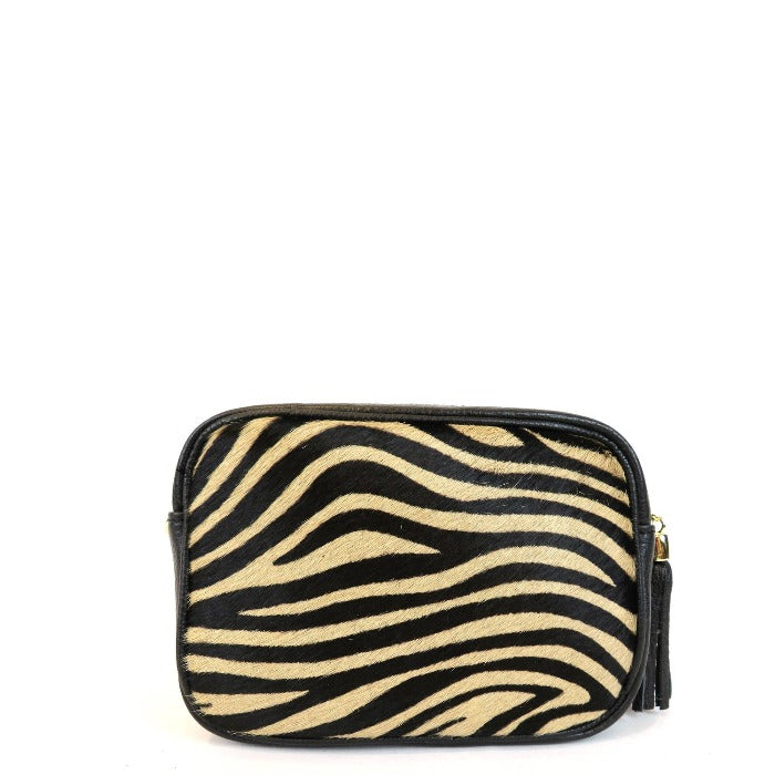 Brown Zebra Print Hair On Hide Leather Small Cross-Body Bag