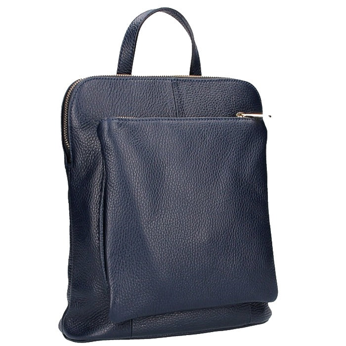 elegant navy pebbled leather backpack with soft gold hardware on a marble surface