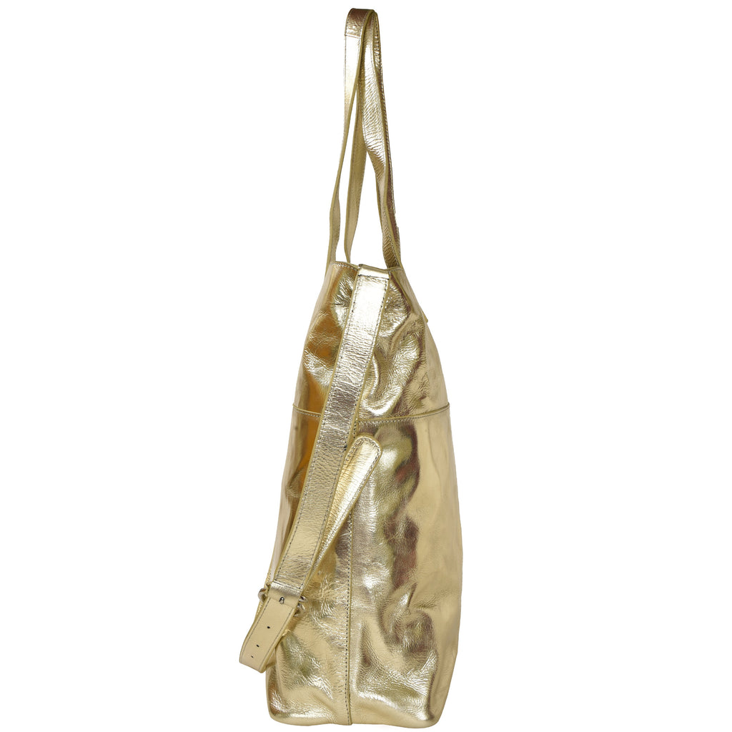 Gold Metallic Leather Tote with Crossbody Strap