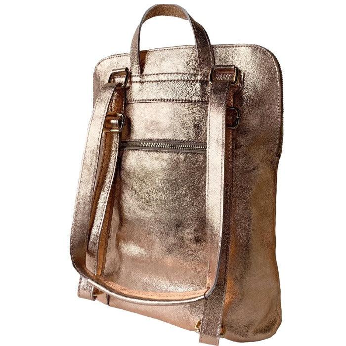 Rose Gold Convertible Backpack – Metallic Leather & Versatile by Sostter at brixbailey.com