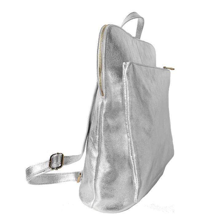 Silver Metallic Leather Backpack – Convertible & Stylish by Sostter at brixbailey.com