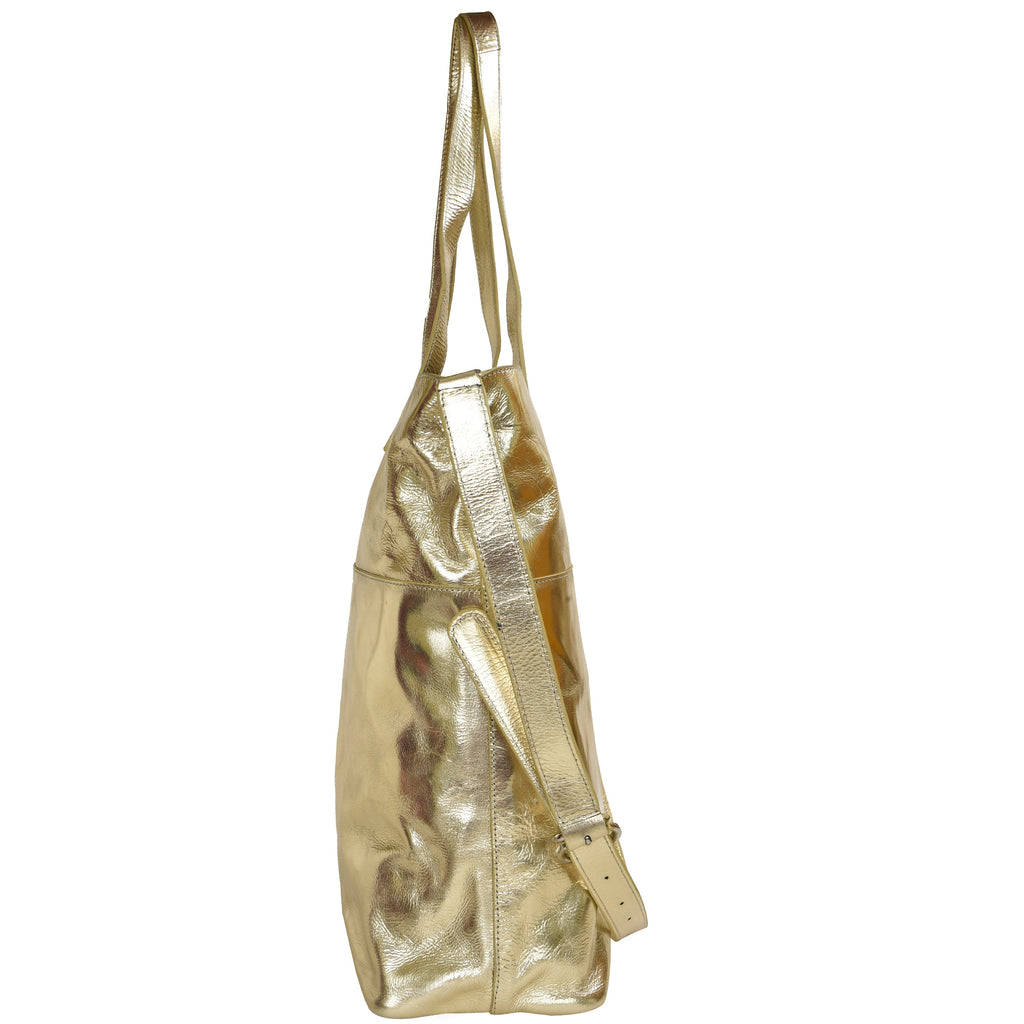 Gold Metallic Leather Tote with Crossbody Strap